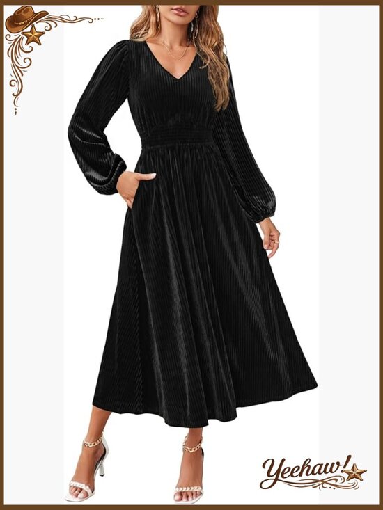 Dresses & Skirts - Velvet Midi Dress Long Sleeve V Neck Elastic Waist Flowy Formal Evening